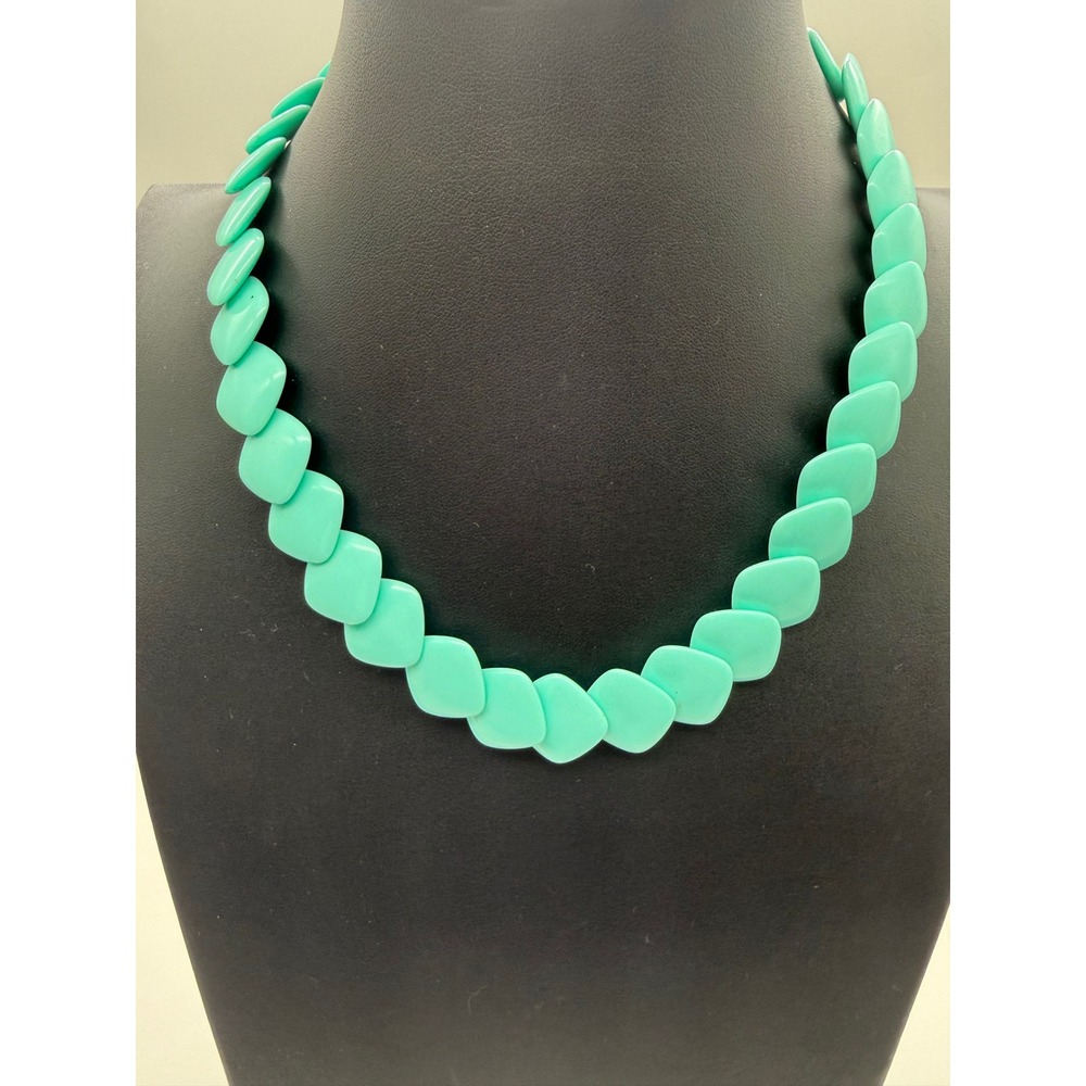 Vintage Teal Blue Diamond Bead Statement Necklace Geometric Resin Choker - Picture 3 of 6